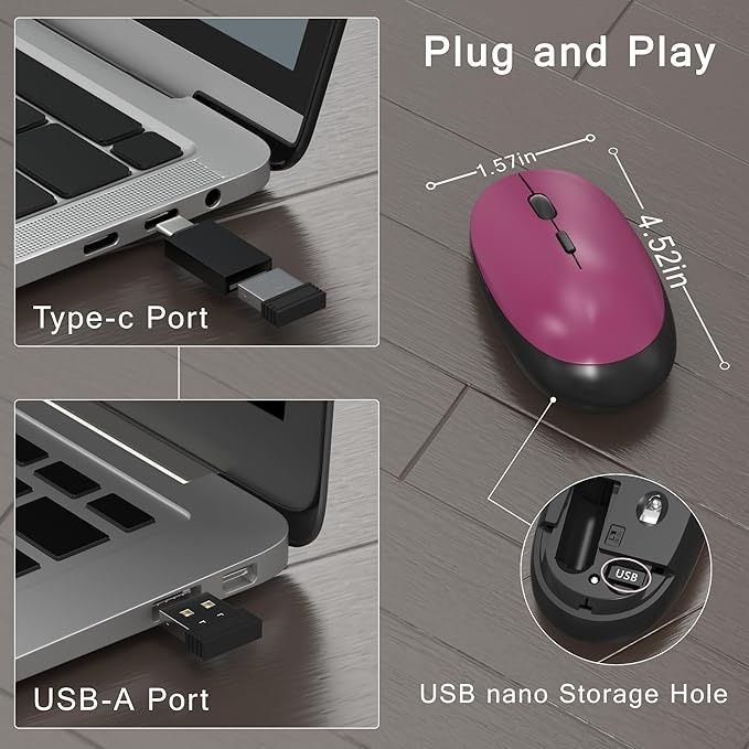 Colorful Wireless Computer Keyboard and Mouse Combo with Round Typewriter Keycaps, Retro Design, Power Switch, Ergonomic Design, 2.4GHz Wireless for Windows, Mac, PC(Black-Claret)