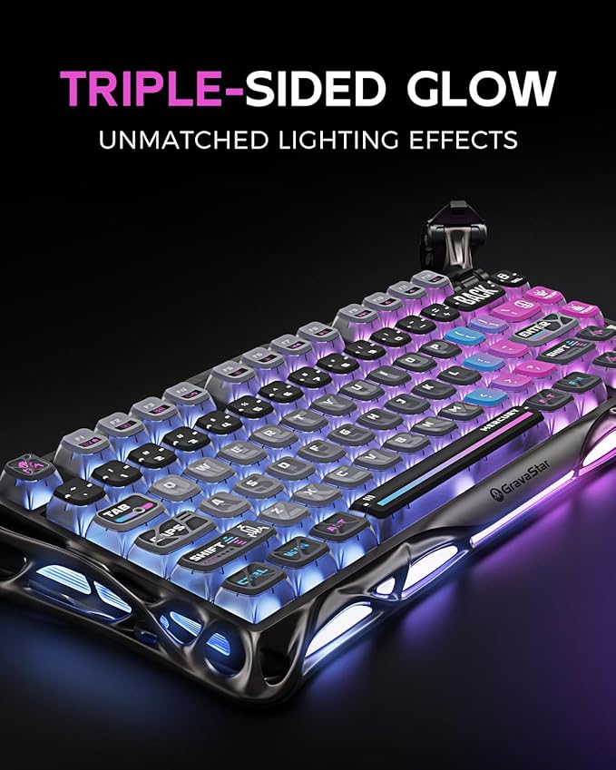 GravaStar Mercury K1 Pro Wireless Mechanical Gaming Keyboard, 75% Layout RGB Custom Keyboard, Electroplated Glossy Frame, Hot-Swappable Linear Switches – Cyberpunk Edition