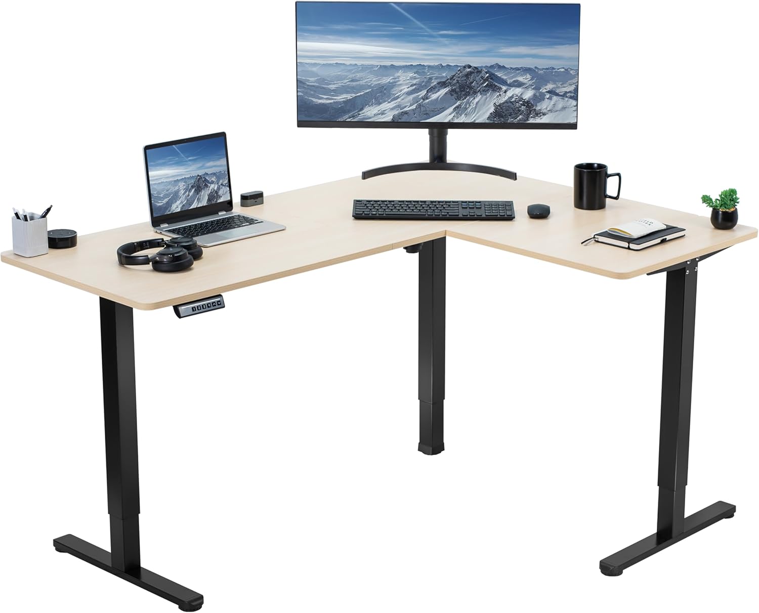 VIVO Electric Corner L-Shaped 63 x 47 in Standing Desk, Memory Height Adjustment, Light Wood Top Black Frame, DESK-E3CTC-47