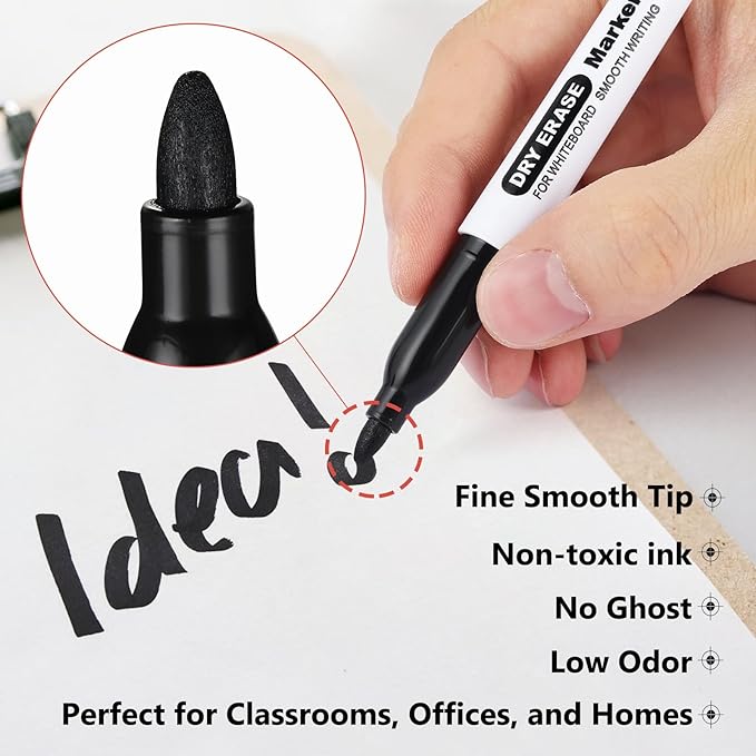 SFAIH Fine Tip Dry Erase Markers - 72 Pack Black Whiteboard Erasable Markers Bulk for Kids Adults, Ideal for Classroom School Office Home Use on White Board, Non-Toxic Easy Clean