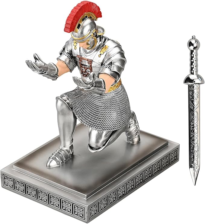 Roman Praetorian Warrior Knight Pen Holder Desk Ornament Resin Pencil Holder Desk Accessories and Organizer for Office with a Letter Opener (Silver)