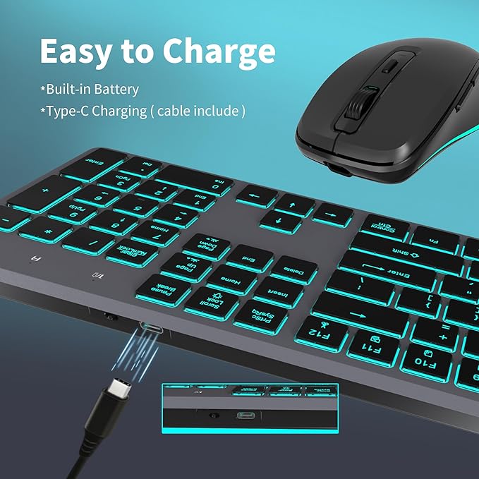 Backlit Wireless Keyboard and Mouse, Rechargeable Quiet Wireless Keyboard Mouse Combo, Jiggle Mouse, 2.4G Cordless USB Keyboard Slim Full Size for Apple iMac, MacBook, laptop and PC, Space Gray
