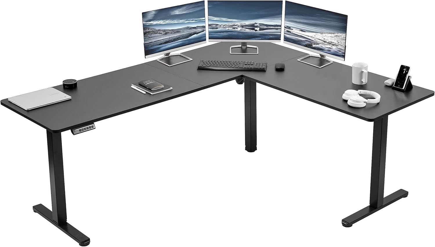 VIVO Electric Corner L-Shaped 75 x 63 in Standing Desk, Memory Height Adjustment, Black Top Black Frame, DESK-E3CTB-75