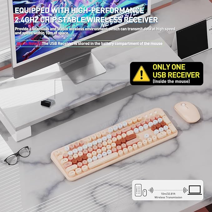 Wireless Keyboard and Mouse Combo, 2.4 GHz Wireless Full-Sized Typewriter Keyboard Mouse for Windows, Computer, Desktop, PC, Laptop (MilkTea)