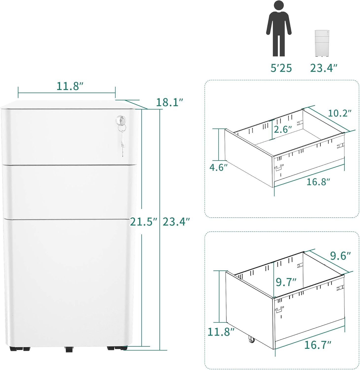 YITAHOME 3-Drawer Metal Filing Cabinet Office Drawers with Keys, Compact Slim Portable File Cabinet, Pre-Built Office Storage Solution for A4/Letter/Legal, White