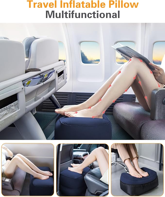 Sunany Inflatable Foot Rest Pillow for Travel, Kids/Adults Airplane Travel Pillow-Adjustable Height Cushions,for Kids to Sleep While Traveling,Suitable for Office, Home and Any Travel(Blue)