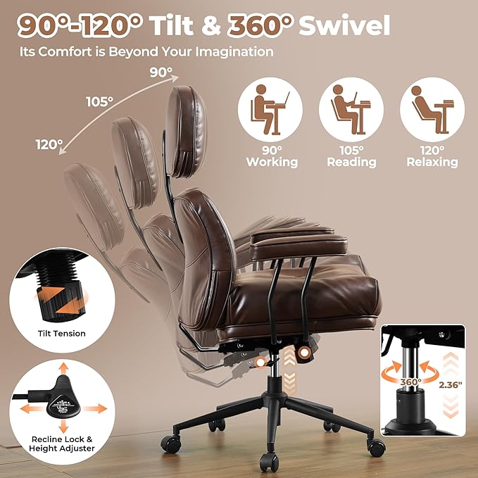 ovios Ergonomic Home Office Chair, Mid-Century Modern Faux Leather Chairs with Thickened Cushions, Comfy High Back Swivel Rolling Executive Computer Armchair (Dark Brown, PU Leather)