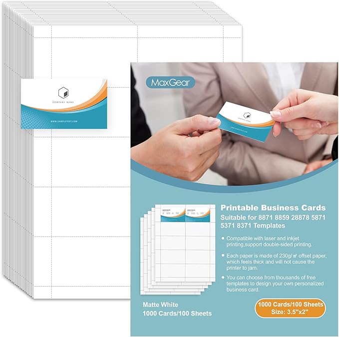 MaxGear Business Card Printable Business Card, Compatible with Laser & Inkjet Printer, Double-Sided Printing, Heavyweight, Matte White Paper, Smooth Edge, 10 Cards/Sheet, 1000 Cards, 3.5" x 2"(8871