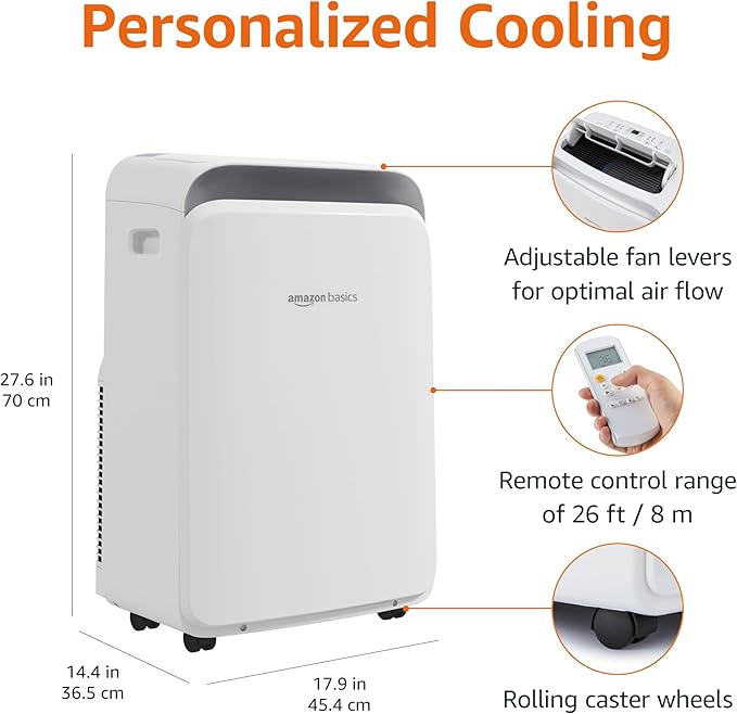 Amazon Basics 3-In-1 Portable Air Conditioner, 10000 BTU (ASHRAE), Cools Up to 450 Sqf, Portable AC with Cool/Dry (Dehumidifier)/Fan-Only Functions, Auto Mode, Sleep Mode, Timer, White