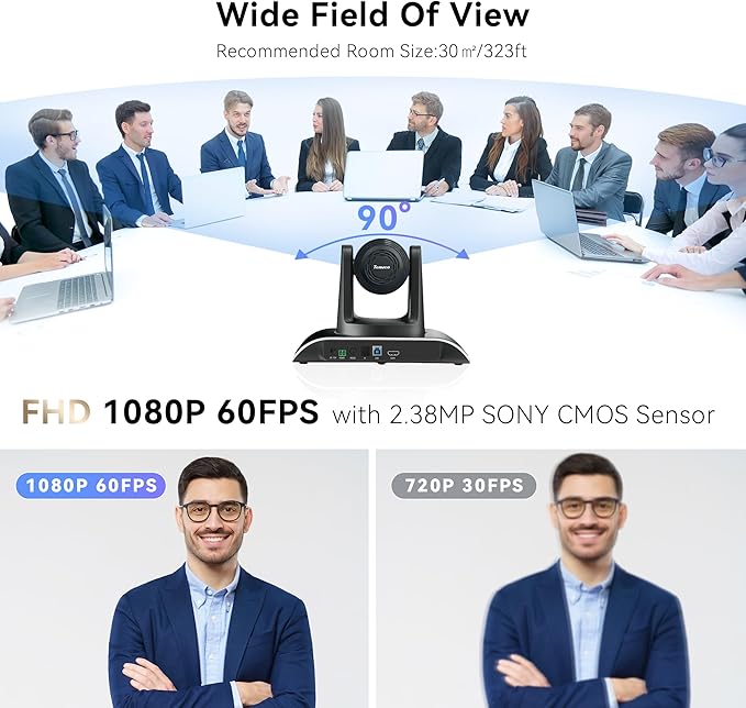 Tenveo 12X Optical Zoom PTZ Conference Camera USB3.0/HDMI 90° Wide View Angle, FHD 1080P 60FPS for Video Conferencing Business Meeting Church Services Worship Education Zoom Teams OBS