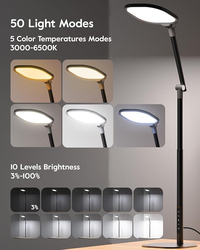 Led Desk Lamps for Home Office with Base, Tall Desk Lamp with 50 Light Modes & Memory and Timer Func Computer Light, Flexible Adjustable Table Lamps for Video Conference, Architect or Study(Black)