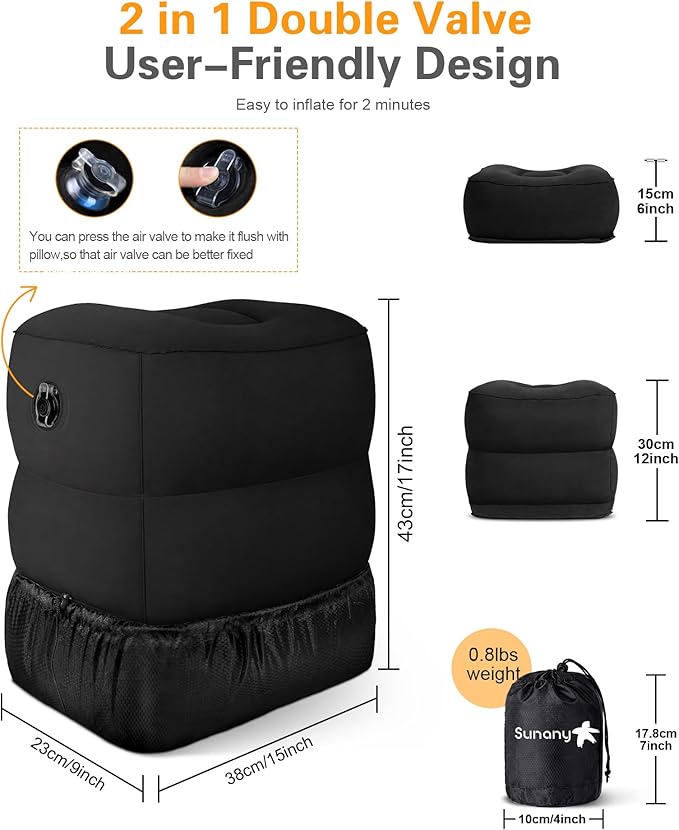 Sunany Inflatable Foot Rest Pillow , Adults Airplane Travel Pillow-Adjustable Height Cushions,for Kids to Sleep While Traveling,Suitable for Office, Home and Any Travel(Black)