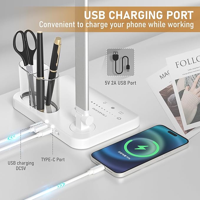 LED Desk Lamp Dimmable Table Lamp with USB Charging Port, 50 Lighting Modes, Adjustable Foldable Dual Swing Arm Architect Desk Lamp for Home Office, Eye-Caring Reading Lamp w/ Pen Holder 45min Timer