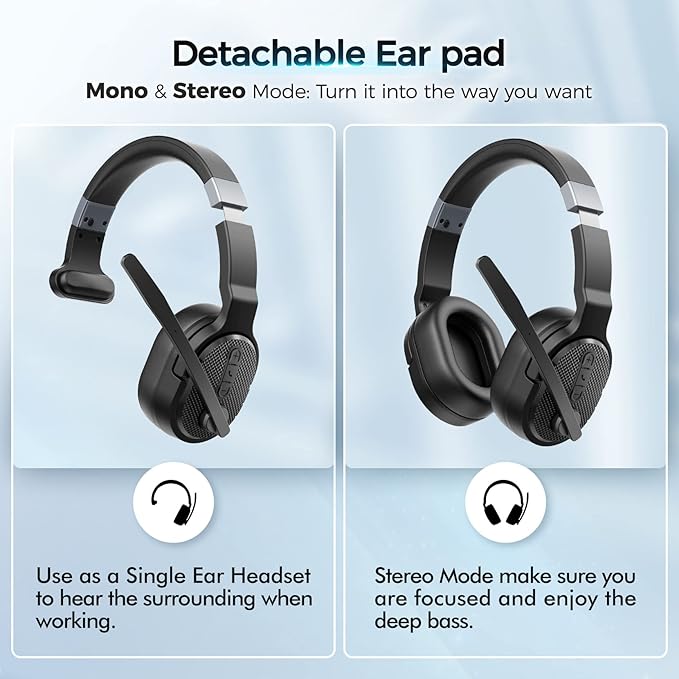 Trucker Bluetooth Headset, Wireless Headsets with Noise Cancelling Microphone, 50+Hrs HD Talktime Bluetooth Headphones with Detachable Earpad/Single+Dual Mode for Office/Driving/Home