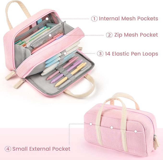 Sooez Large Pencil Case Pouch, Extra Big Pencil Bag with 5 Compartments, Pen Case Wide Opening, Soft Corduroy Pen Bag Organizer with Zipper, Cute Aesthetic School Supplies for Teen Girls, Blue