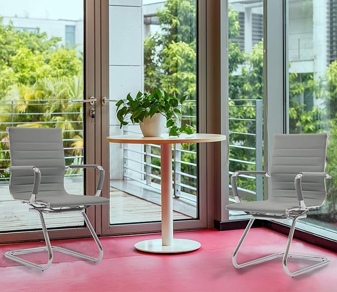 Office Desk Chair Set of 8,No Wheels PU Leather Computer Chairs Mid Back Guest Chairs with Seld Base for School/Reception/Conference/Waiting Room,Grey