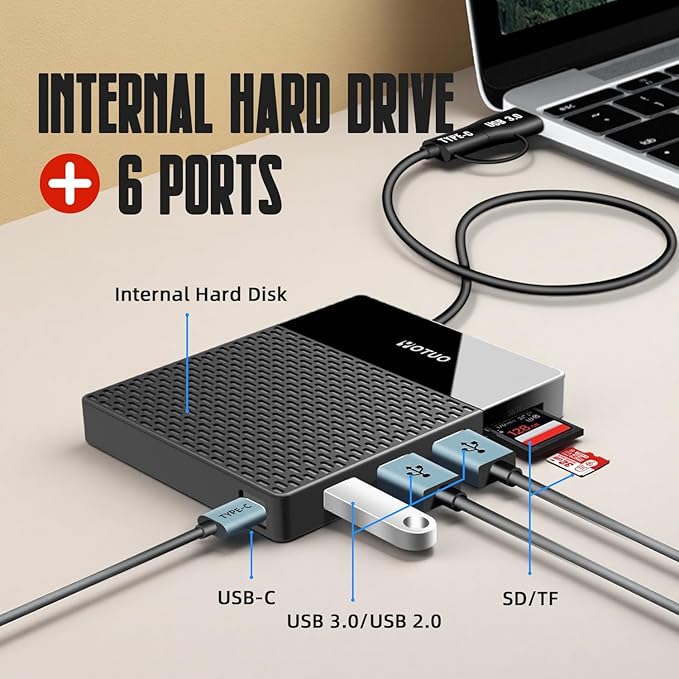 Portable Docking Station External Hard Drive 750GB Storage, USB C Multiport Hub HDD 7-in-1, USB 3.0, SD/TF Card Reader, for Windows, Mac, Android, TV, Phone, Laptop, Desktop