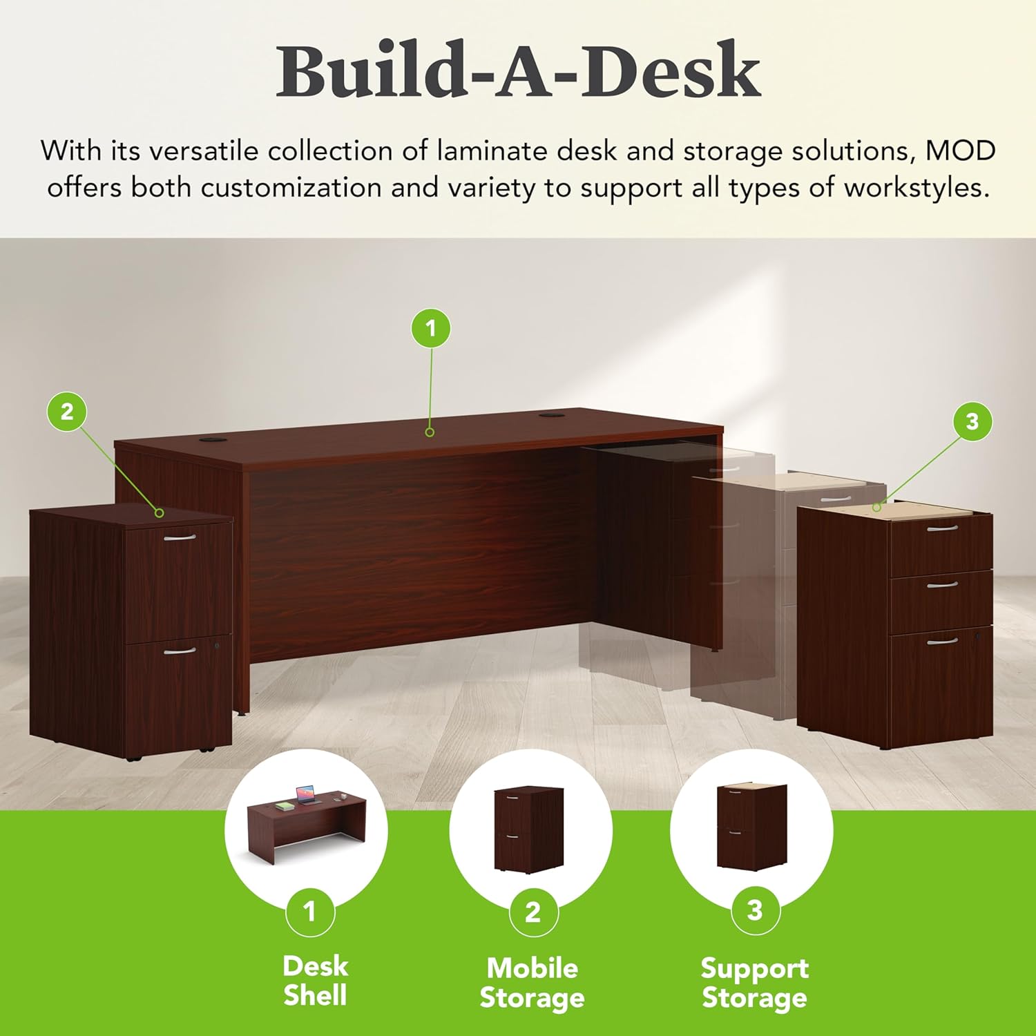 HON MOD Executive Desk 72-Inch Large Computer Desk Shell, Thick Wooden Laminate, Modern Table with Cord Management, 72" W x 30" D x 29" H, Traditional Mahogany