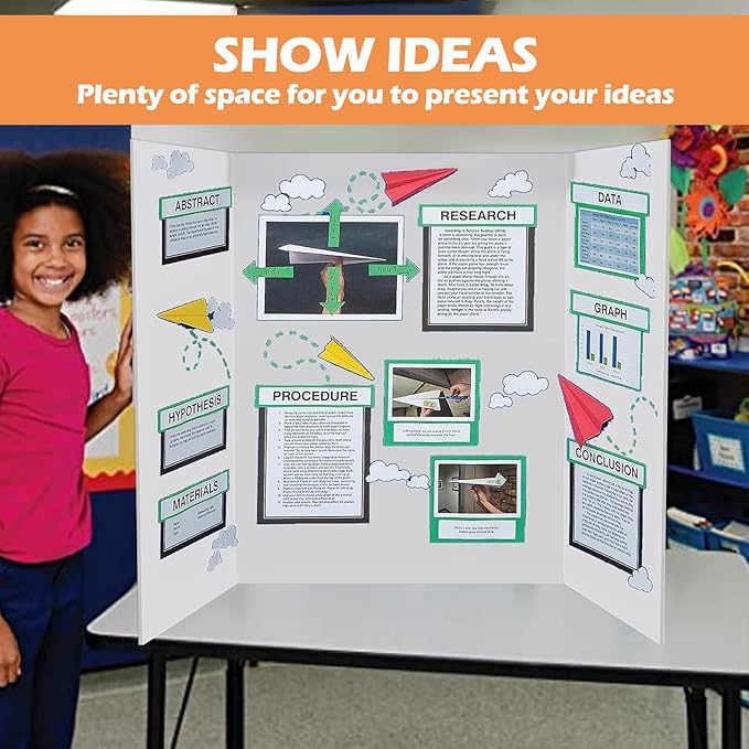 8 Pcs Trifold Display Board 36"x 48" Large White Presentation Board with Board Headers 8 Science Subtitles 64 Black Edge Self Adhesive Paper Poster Board for School Projects and Business Presentations