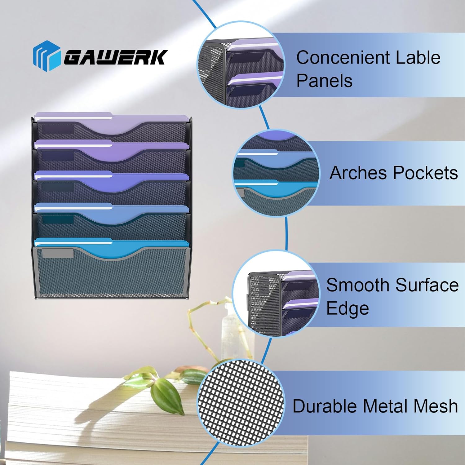 5 Tier Hanging Wall File Organizer, Mesh Mail Paper Orgnization Hanging File Folder Holder for Home Office, Black