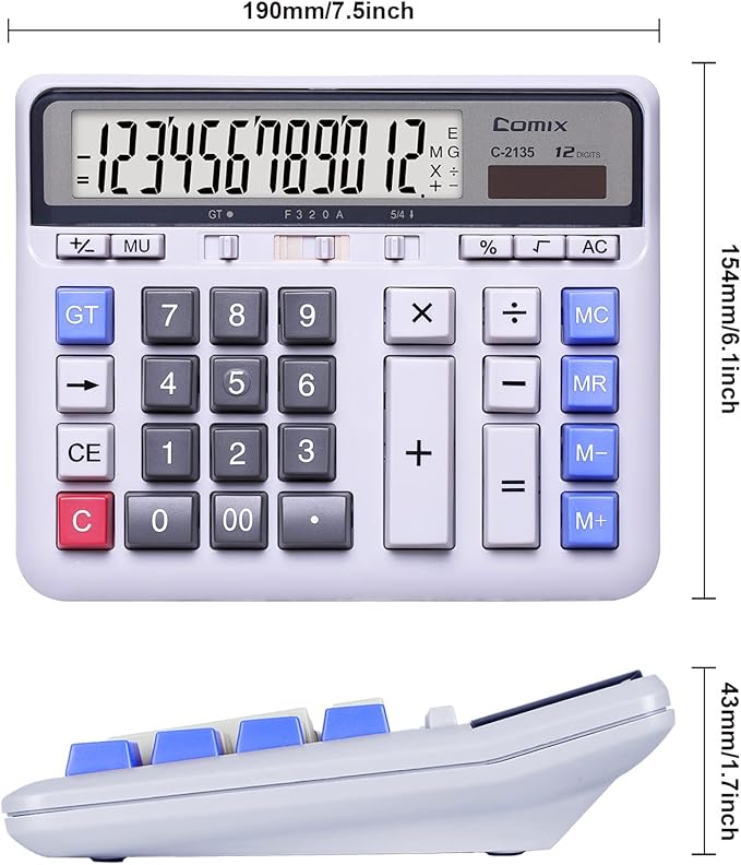 Comix Desktop Calculator Solar Battery Dual Power with 12-Digit Large LCD Display and Large Computer Keys Standard Function Calculator for Home Office School, White
