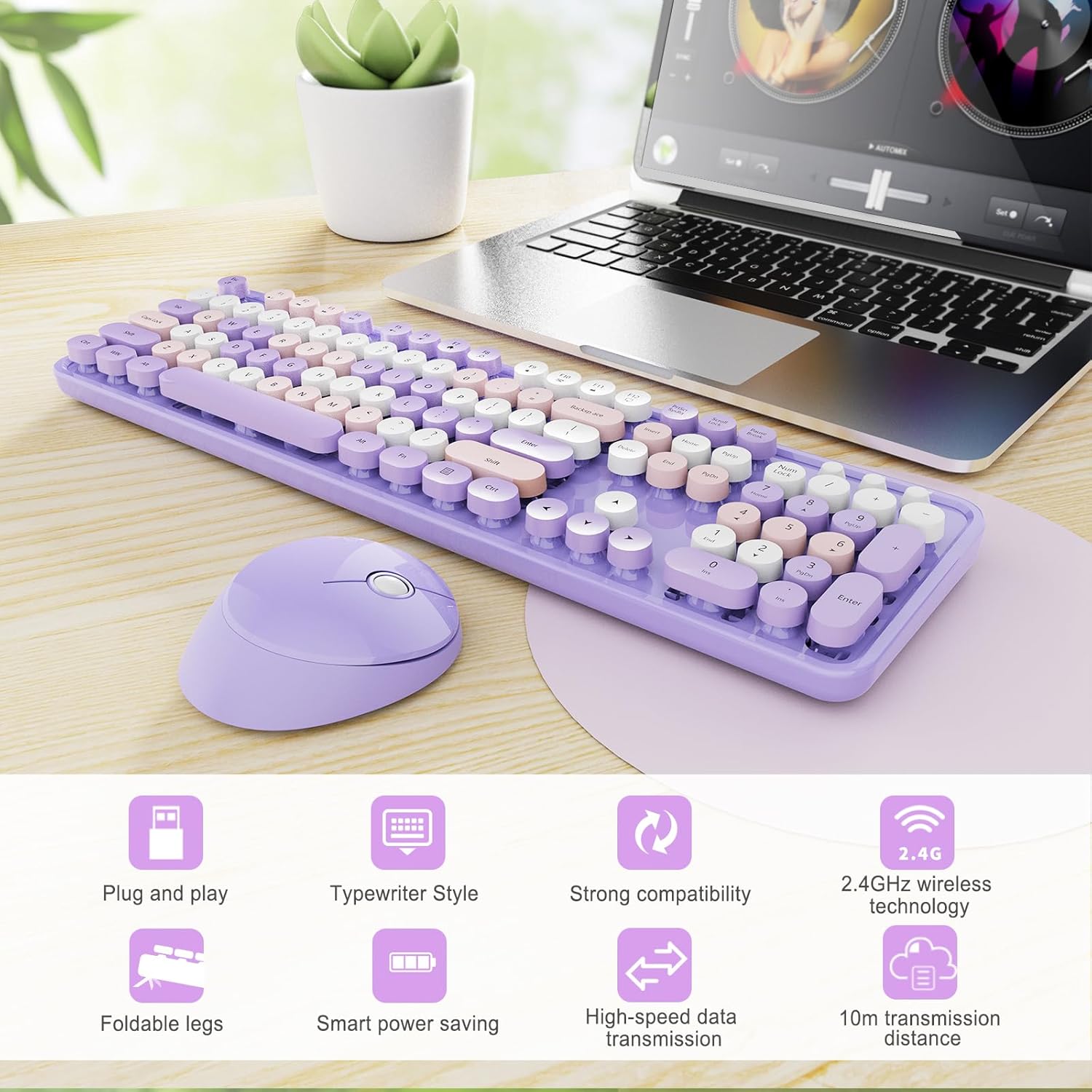 Wireless Keyboard and Mouse Combo, Ergonomic Full Size Typewriter Retro Round Keycaps Keyboard, Compatible with Windows, PC, Perfer for Home and Office Keyboards (Purple