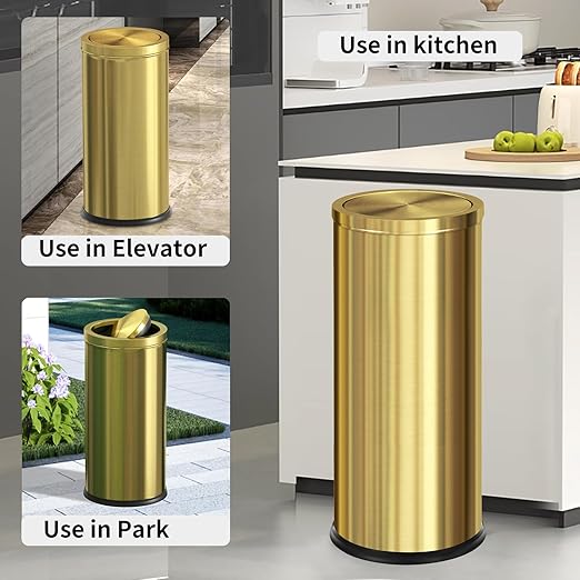 Brushed Gold Kitchen Trash Can with Swing Lid 7.8Gallon,Stainess Steel Commercial Garbage Can Wastebaskets for Shopping mall,Hotel Lobby,Airport, Elevator Entrance Using(Gold, 7.8 Gallon)