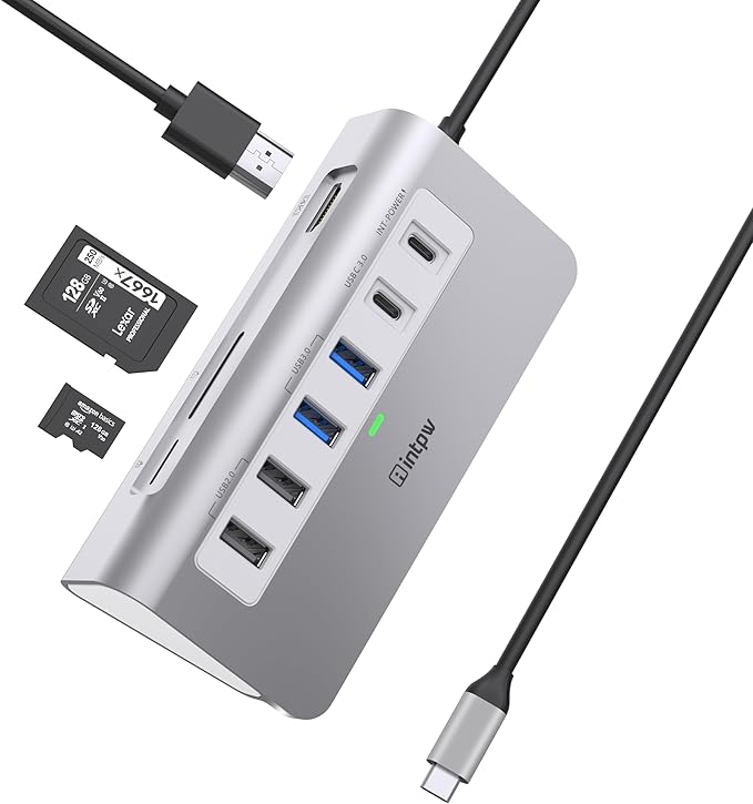 USB C Hub, intpw 9-in-1 USB Hub for Laptop with 4K HDMI, PD 100W, USB-C and 2 USB A 3.0 5Gbps, 2 USB A 2.0, SD/TF Card Reader, Aluminum USB Hub for PC, iPhone, MacBook, iPad