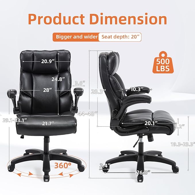 Big and Tall Office Chair 500lbs Wide Seat Executive Office Desk Chair High-Back Office Task Chair with Flip-Up Armrest, Ergonomic Lumbar Support Computer Office Chairs for Heavy People(Black)