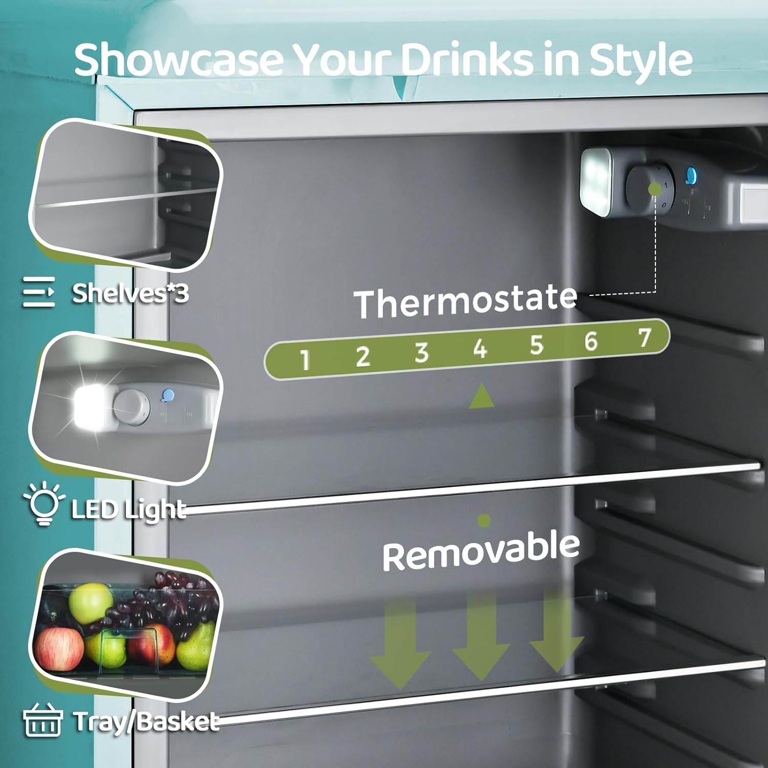 4.9 Cu.Ft Beverage Refrigerator Cooler with Double Tempered Glass Door, 120 Can Wine Drink Beer Retro Small Mini Fridge for Office Bedroom Bar with 7 Temperatures, Adjustable Shelves, Blue