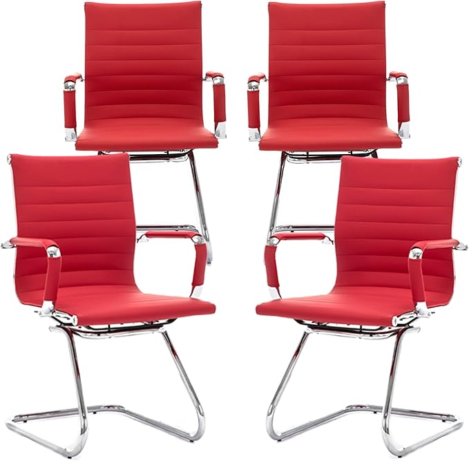 Office Desk Chair Set of 4,No Wheels PU Leather Computer Chairs Mid Back Guest Chairs with Seld Base for School/Reception/Conference/Waiting Room, Burgundy Red