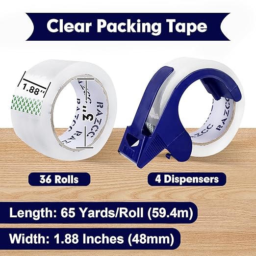 Packing Tape, 36 Rolls Clear Heavy Duty Packaging Tape with Dispensers for Packing Shipping Moving Mailing, Thicker Sealing Tape - 1.88" x 65 Yard Per Roll, 2340 Total Yards