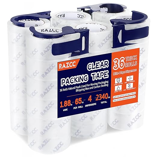 Packing Tape, 36 Rolls Clear Heavy Duty Packaging Tape with Dispensers for Packing Shipping Moving Mailing, Thicker Sealing Tape - 1.88" x 65 Yard Per Roll, 2340 Total Yards