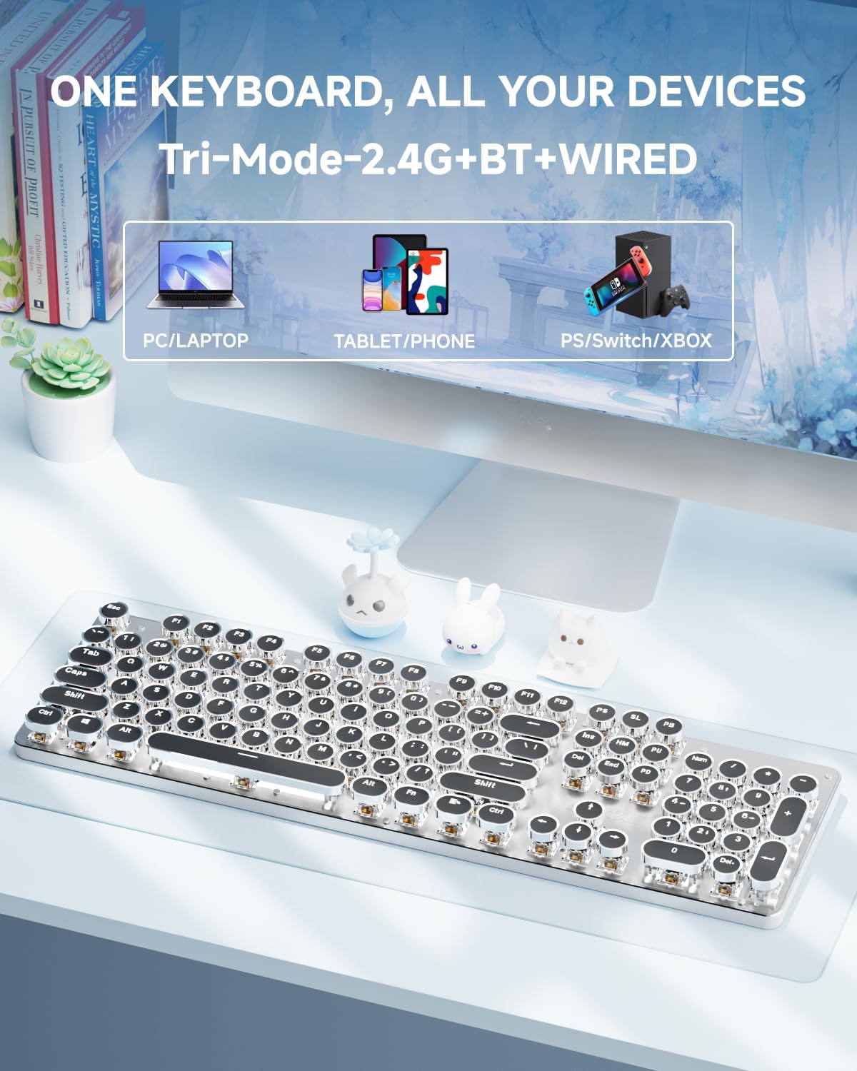 EWEADN TK950 Typewriter Keyboard Wireless Mechanical Keyboard, 104 Keys Aesthetic Typewriter Keyboards with White Backlit, Anti-Ghosting, Blue Switch Bluetooth/2.4GHz/Wired Cute keyboards-Black