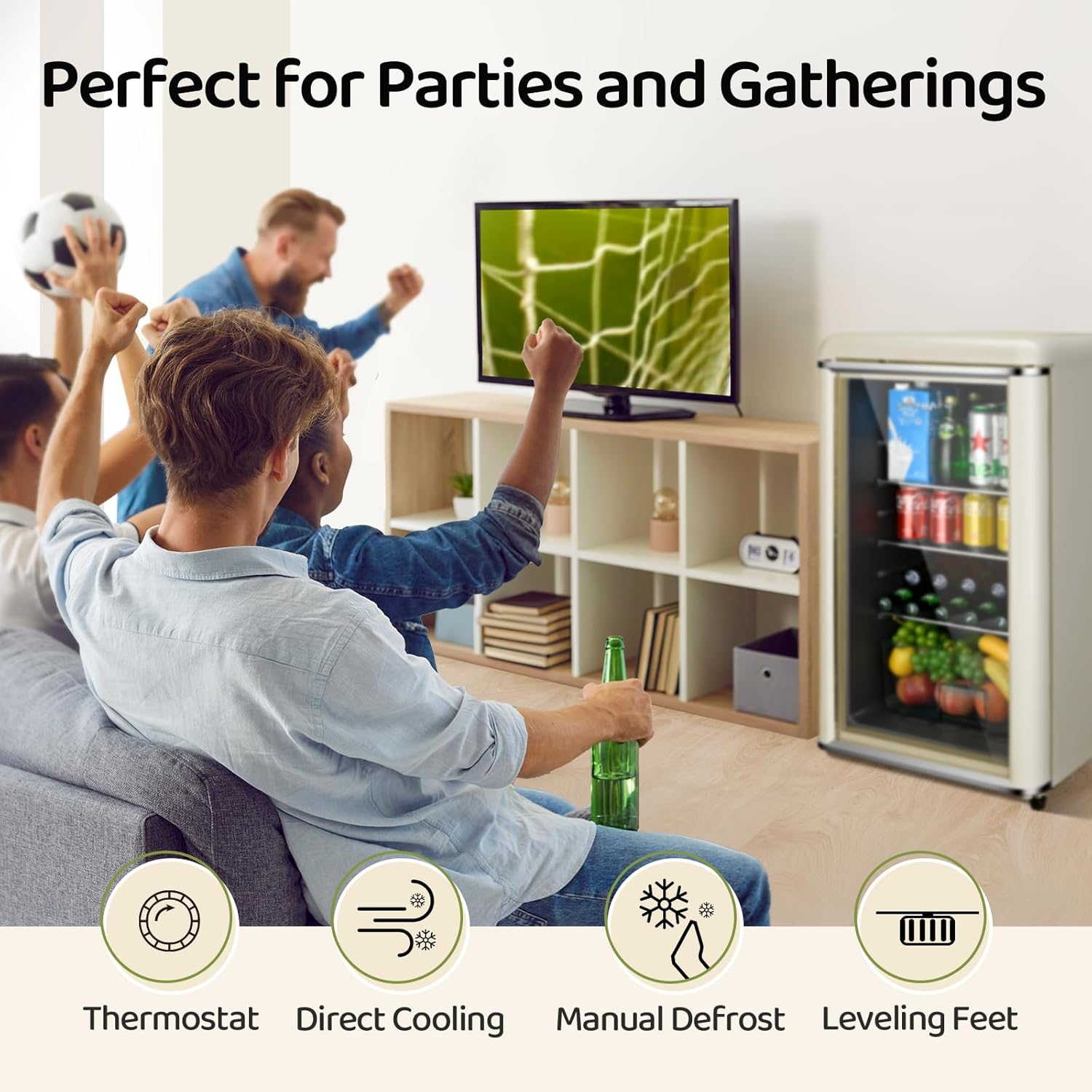 Small Beverage Refrigerator Cooler, 4.9 Cu.Ft Retro Mini fridge with Double Tempered Glass Door, 160 Can Wine Drink Beer Fridge for Office Bedroom Bar, 7 Temperatures and Adjustable Shelves