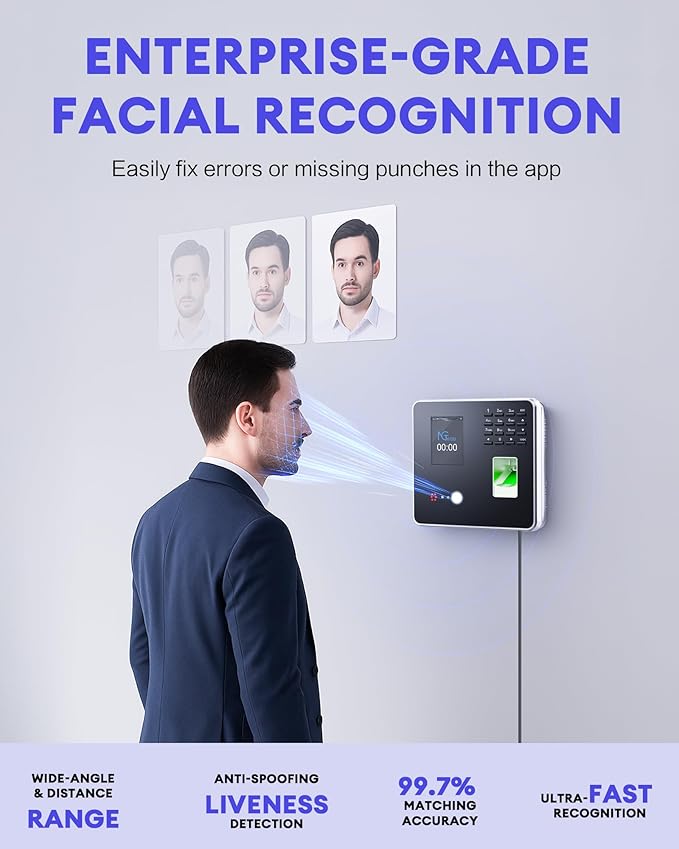 NGTeco Time Clocks for Employees Small Business with Face, Finger Scan, RFID and PIN Punching in One, MB2 Office Time Card Machine Automatic Punch with APP for iOS Android (0 Monthly Fee)