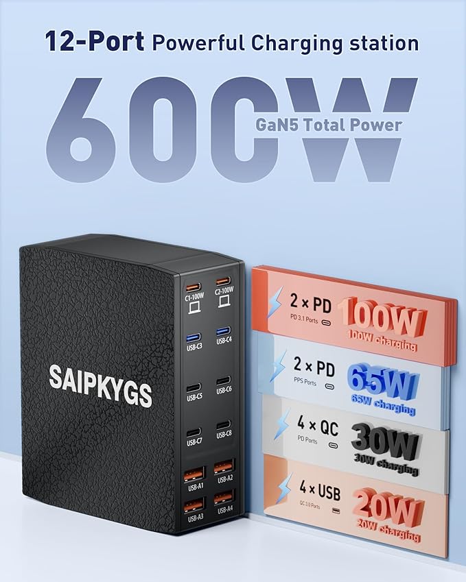 Charging Station (600W),12-Port USB C Charger Block with Dual 100W PD USB-C Fast Charging Station Hub for MacBook Pro/Air/All iPad iPhone 17/16 15/14/13/Pro Max/Samsung Galaxy Note (Black)