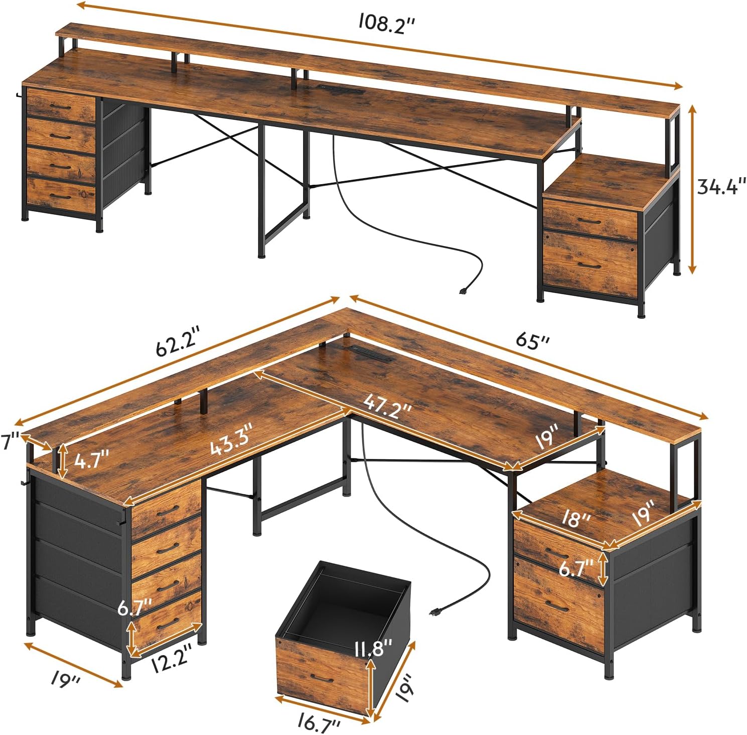 SEDETA L Shaped Desk with 6 Drawer, 108" Home Office Desk with File Drawer & Power Outlet, Corner Computer Desk with Monitor Shelf, Two Person Desk, Gaming Desk with Led Lights, Rustic Brown