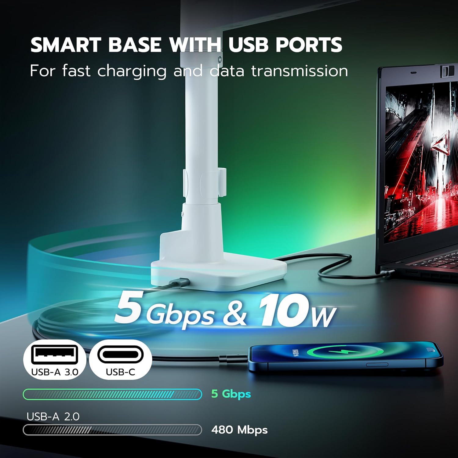 ARES WING Ultrawide Monitor Mount with USB A/C, with Extended Column for 17 to 49 inch Heavy Duty Monitor, Holds 44 lbs, Adjustable Gas Spring Desk Mount, White