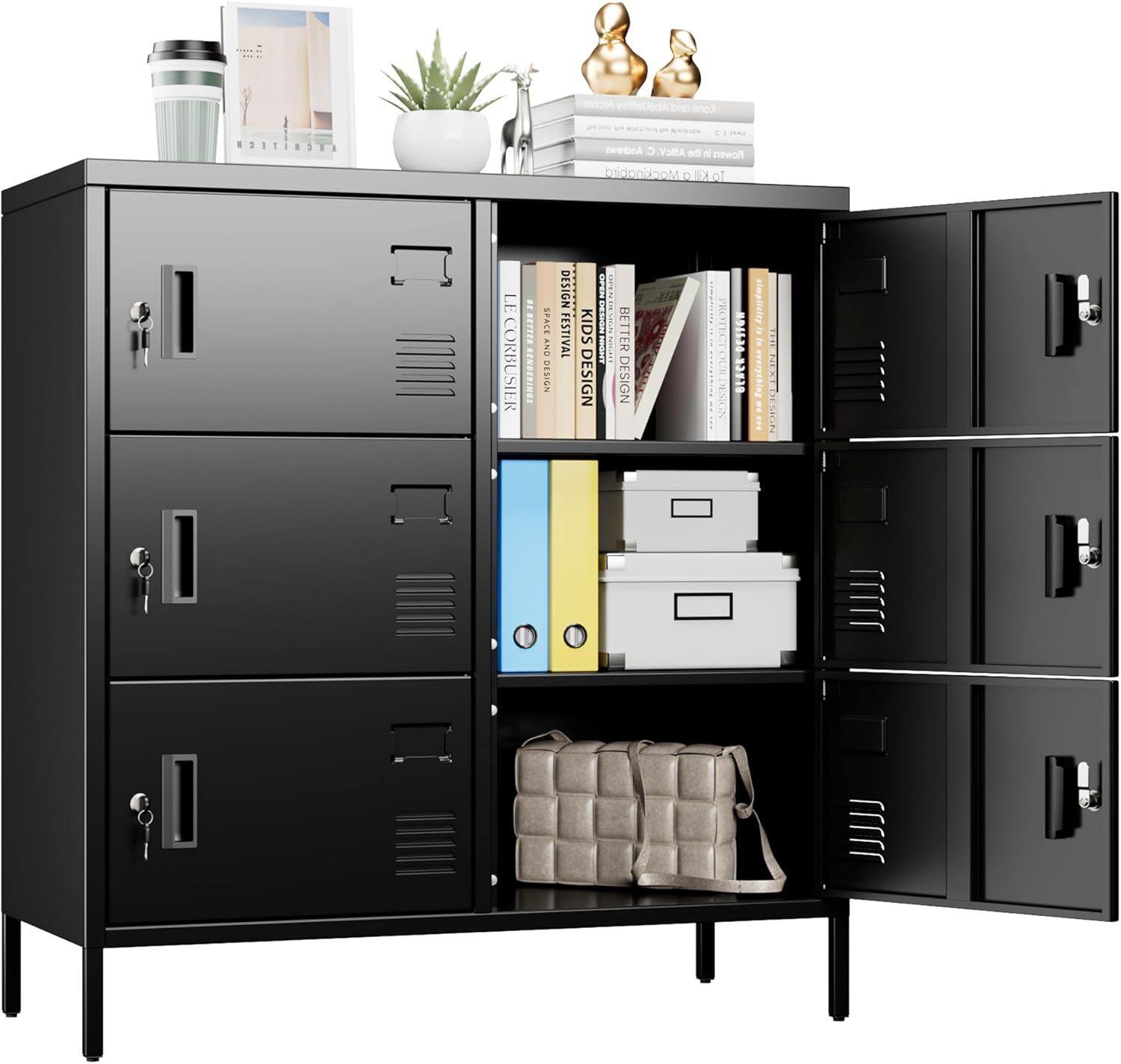 SUPEER 6 Doors Metal Storage Locker with Card Slot,Metal Locker for Employees with Keys and Ventilation Holes,Suitable for Office, Home, Bank, School,Gym,Requires Installation,Black