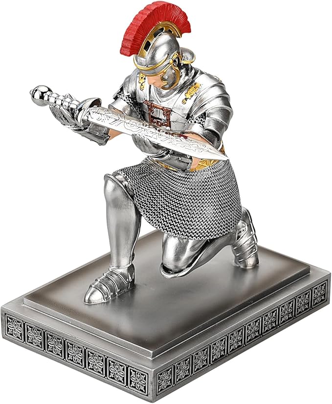 Roman Praetorian Warrior Knight Pen Holder Desk Ornament Resin Pencil Holder Desk Accessories and Organizer for Office with a Letter Opener (Silver)