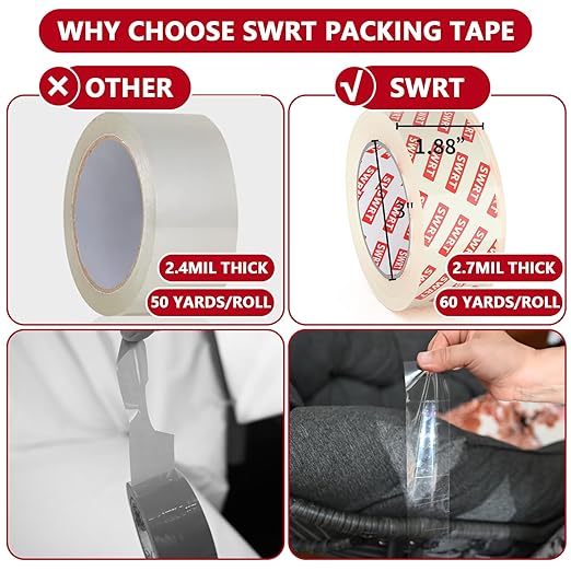 SWRT 2.7Mil Thick Ultra Clear Packing Tape, 24 Rolls Heavy Duty Packaging Tape for Shipping Packaging Moving Mailing, Thicker Sealing Tape-1.88" x 60 Yards Per Roll, 1440 Total Yards