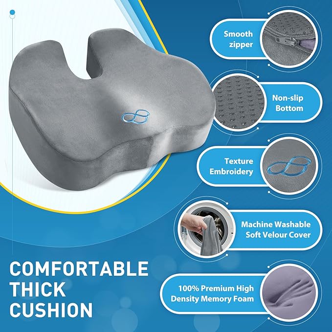 BlissTrends Seat Cushion,Thick Memory Foam Cushions for Office Chair, Car Seat, Airplane, Relieving Pressure Tailbone Sciatica Back Pain for Office Workers, Car Drivers 4.7in Thick LightGrey