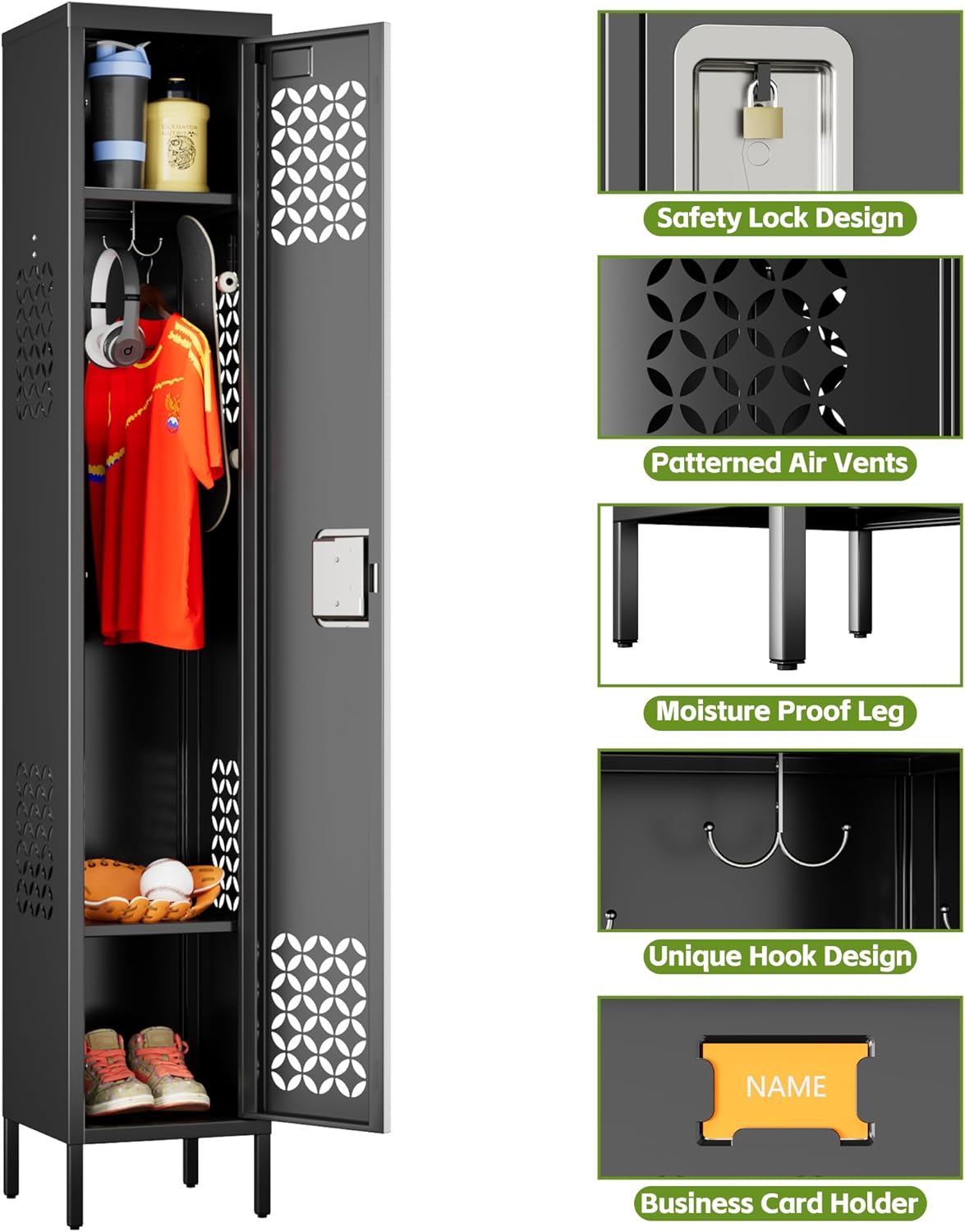 1 Door Metal Locker with Adjustable Shelves and 3 Hooks,Metal Lockers for Employees for Gym,School,Office,Home,Garage,Assembly Required,Black