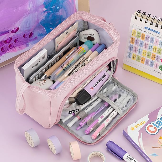 MAMUNU Pencil Case Pouch Large Capacity with Compartments, Pencil Case Pouch Bag with Zipper Handle for Teen Girls Adults Women, Portable Pen Bag Stationery Organizer for Office School Travel, Pink