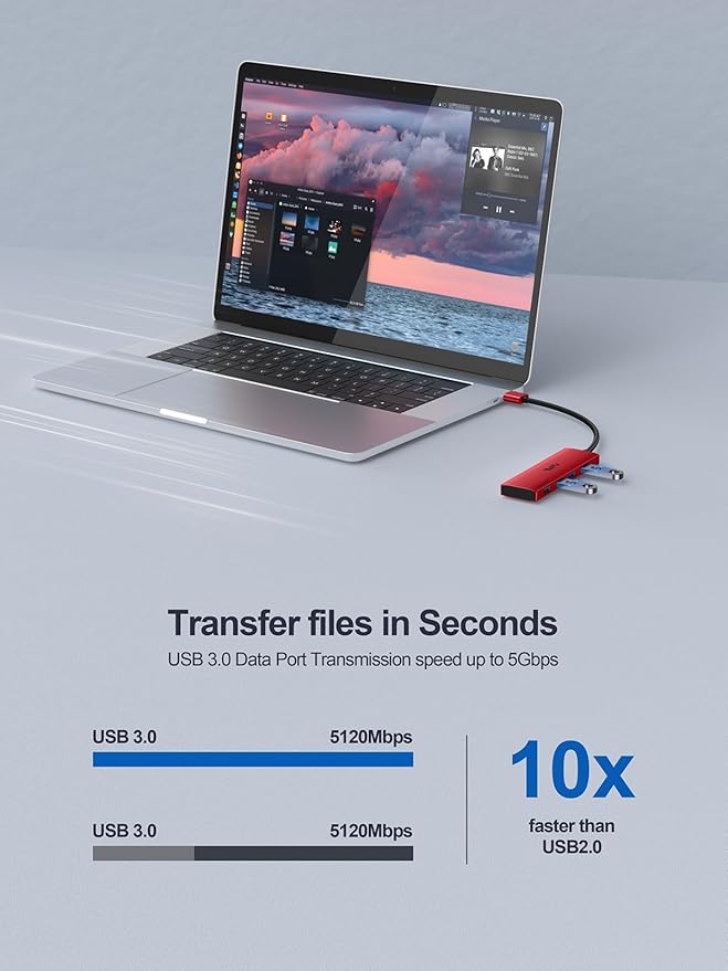 USB 3.0 Hub,4 Port USB Splitter Extender Portable Adapter Multiport Data Hub for Laptop,Xbox, Flash Drive,HDD,Console,Camera,Keyborad,Mouse Windows,Mac OS PC,Not Designed to Charge Devices-Red