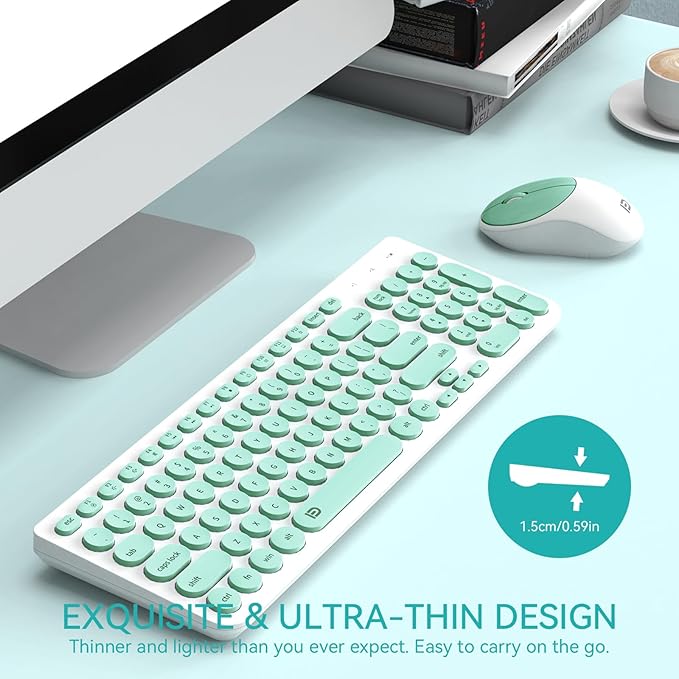 FD Wireless Keyboard and Mouse Combo - 2.4GHz USB Cordless, Cute Round Keys, Quiet and Slim Set for Laptop, Computer, TV, and Mac - Mint Green & White