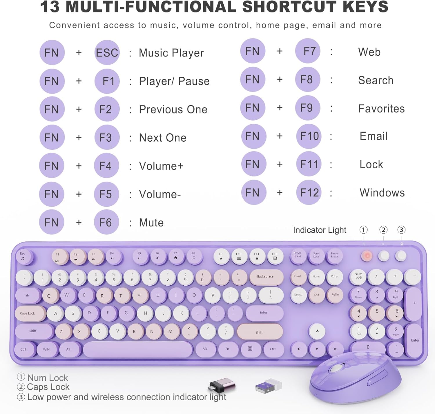Wireless Keyboard and Mouse Combo, Ergonomic Full Size Typewriter Retro Round Keycaps Keyboard, Compatible with Windows, PC, Perfer for Home and Office Keyboards (Purple