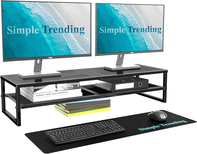 Simple Trending 2 Tier Metal Dual Monitor Stand Riser,Computer Office Desktop Organizer for 2 Monitors With 32"x10" Mouse Pad ,for Laptop,Printer,TV,Black
