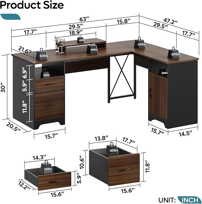Bestier L Shaped Desk with File Drawers, 63" x 47" Office Computer Desk with Storage Cabinet, Corner Desk with Monitor Stand & Modesty Panel for Home Office, Cherry